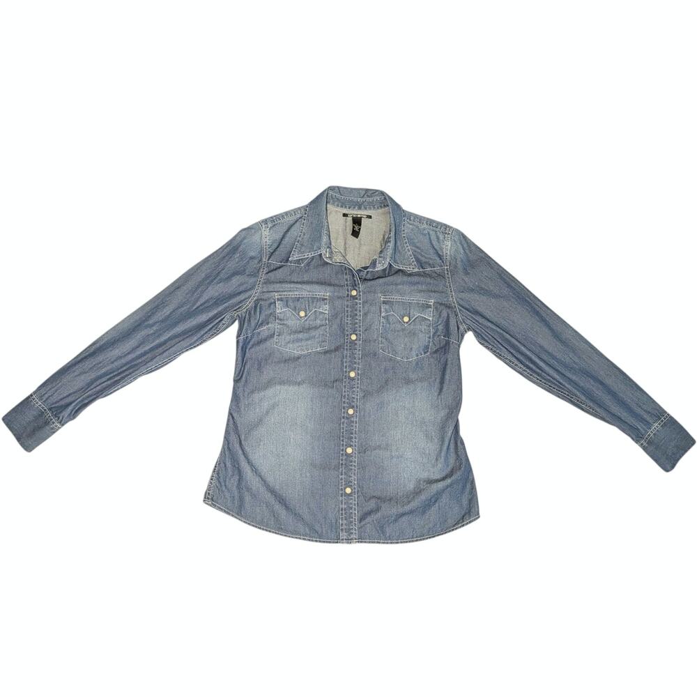 Lucky Brand Women's Large Denim Western Pearl Snap Shirt Long Sleeve Blue Cotton